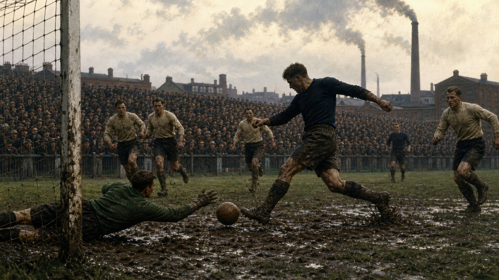 An anonymous Fall River forward scoring in a crowded American cup match in 1931