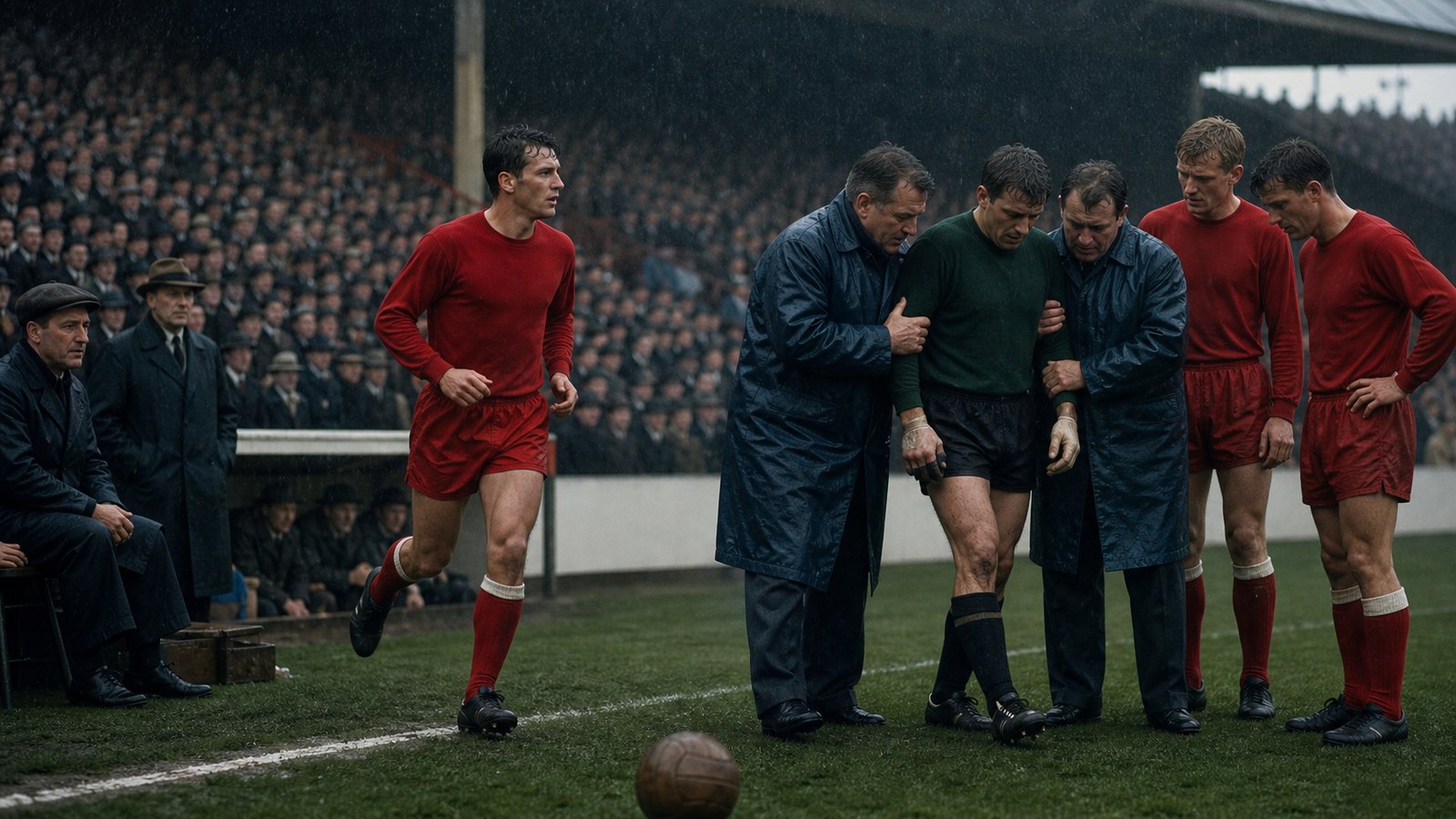 Keith Peacock entering a rain-soaked 1965 English league match as the first substitute