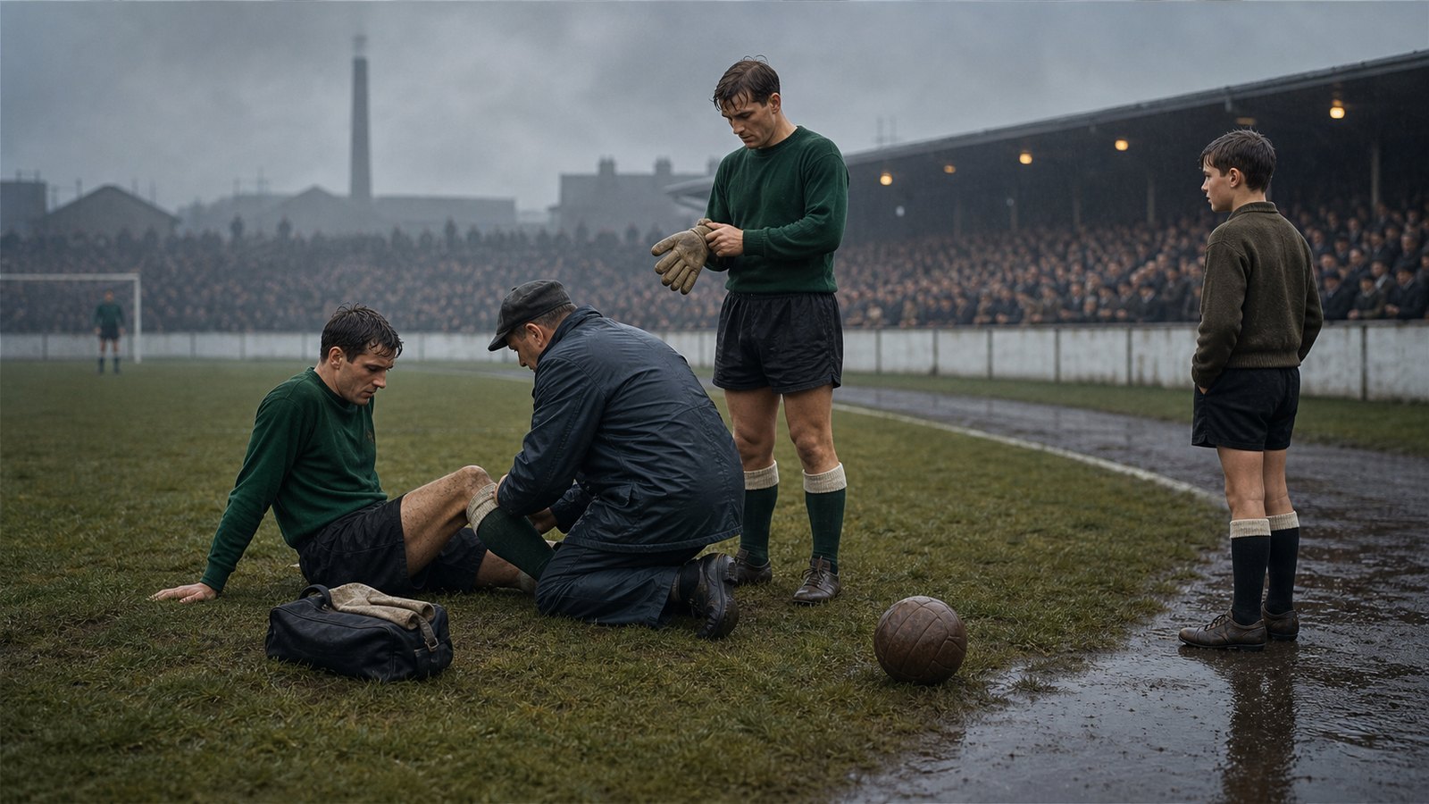 An injured goalkeeper receiving attention at a rain-darkened 1965 English ground while an anonymous reserve prepares beside the touchline