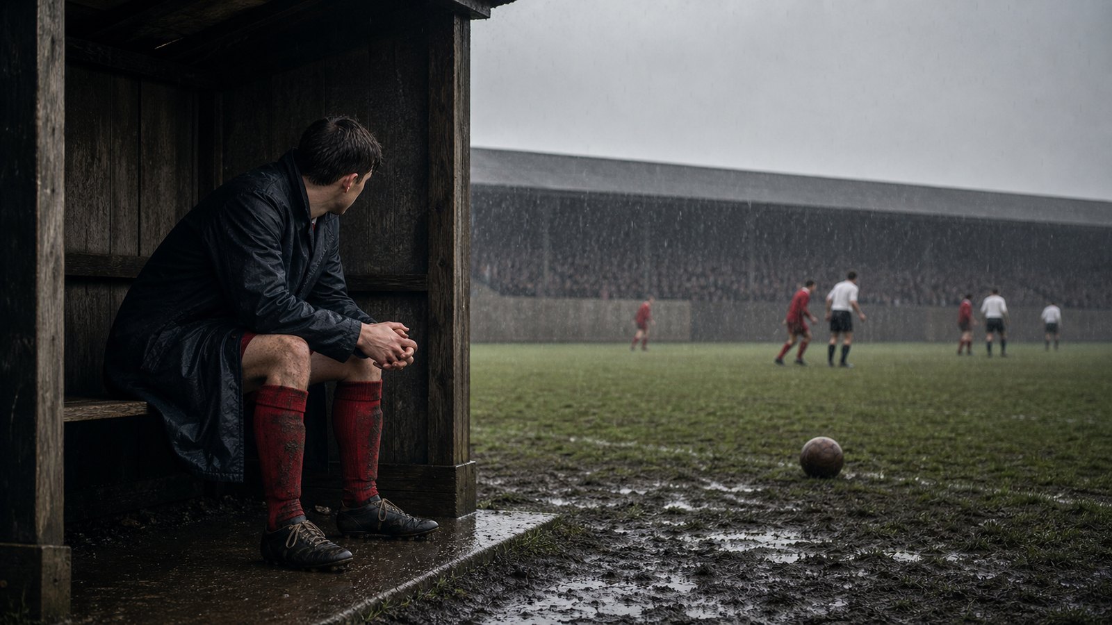 A solitary reserve seated by the dugout at an austere 1960s English football ground with the match unfolding beyond