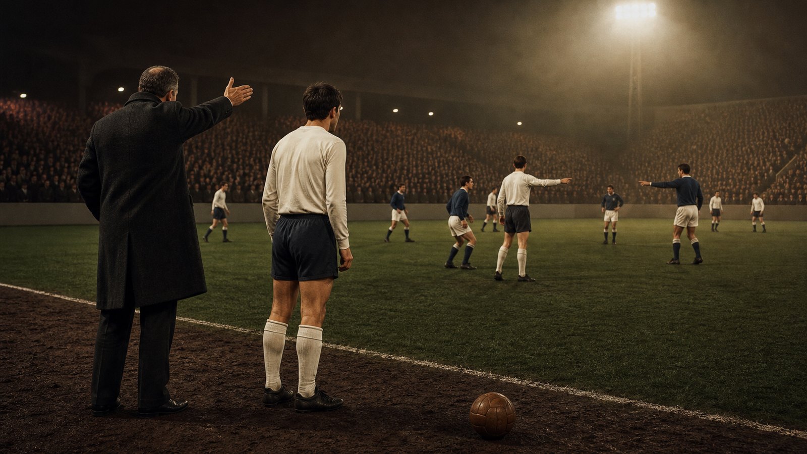 A 1960s manager signalling an anonymous substitute toward the pitch as players reorganize under floodlights