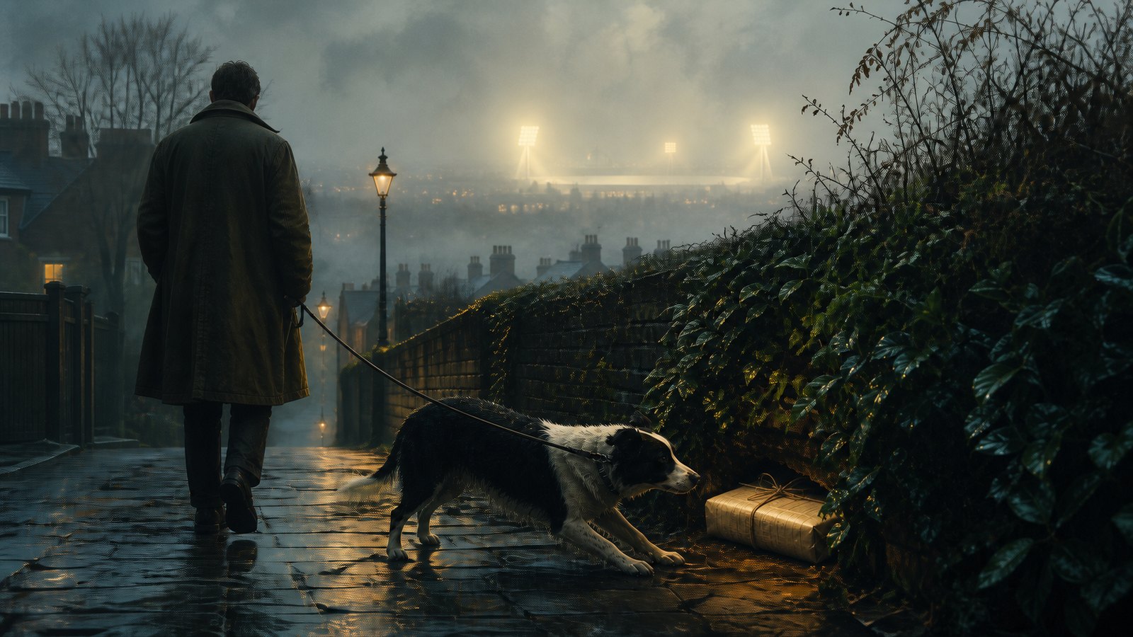 A black and white collie finding a newspaper parcel beneath a south London hedge