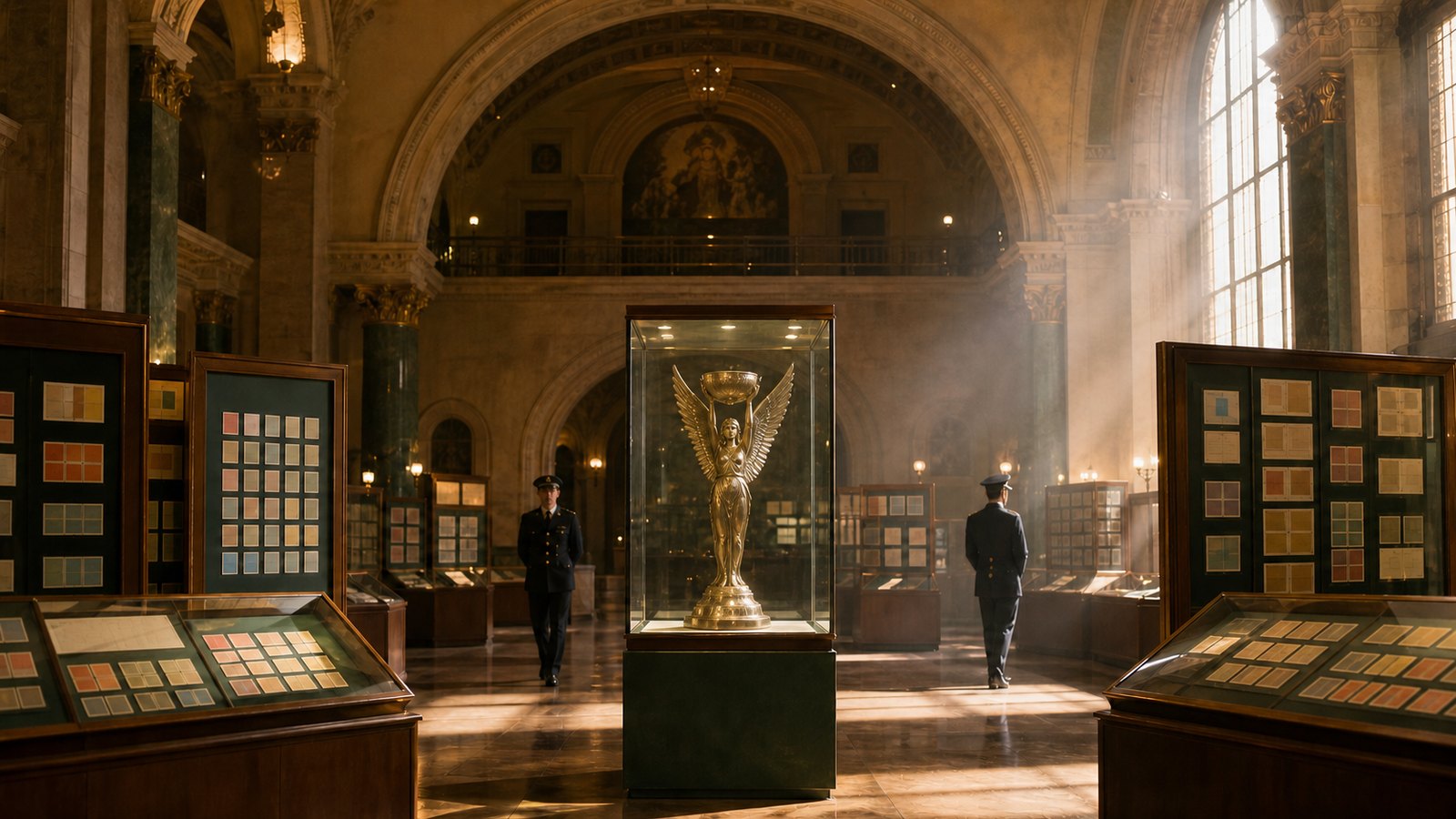 A guarded 1960s London exhibition displaying a generic gold football trophy