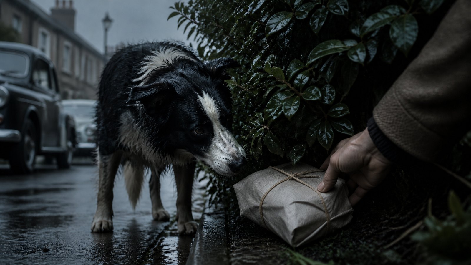 A black and white collie finding a newspaper parcel beneath a south London hedge