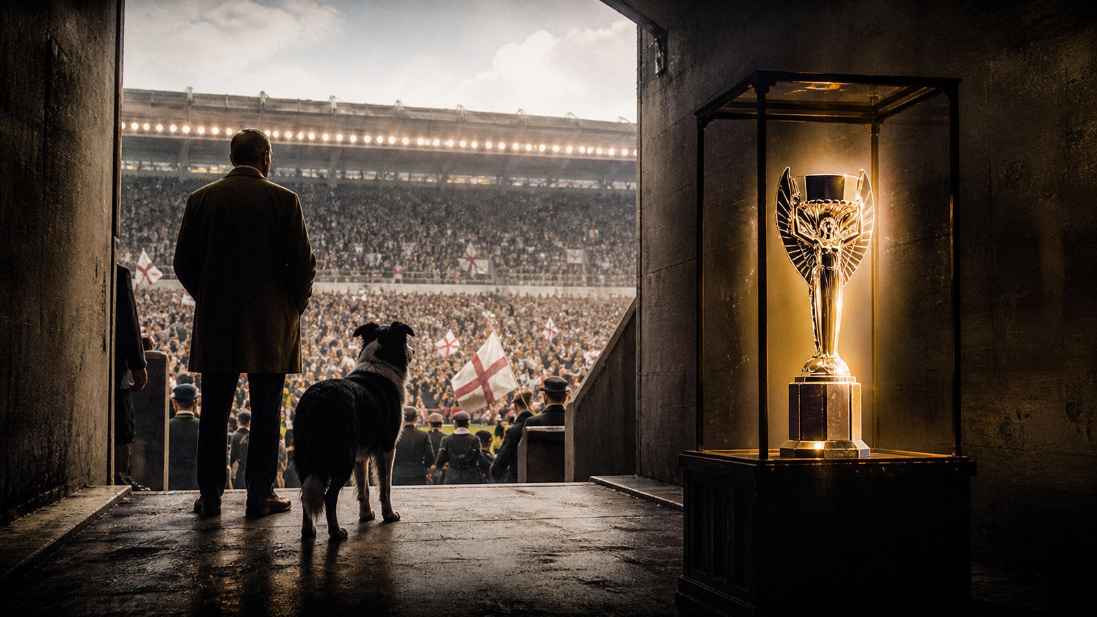 A recovered generic football trophy presented in a jubilant 1966 stadium atmosphere