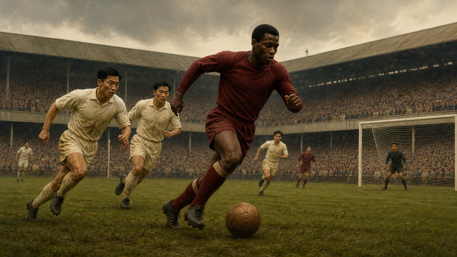 An anonymous powerful forward in a plain burgundy 1960s kit drives toward goal against anonymous cream-shirted defenders