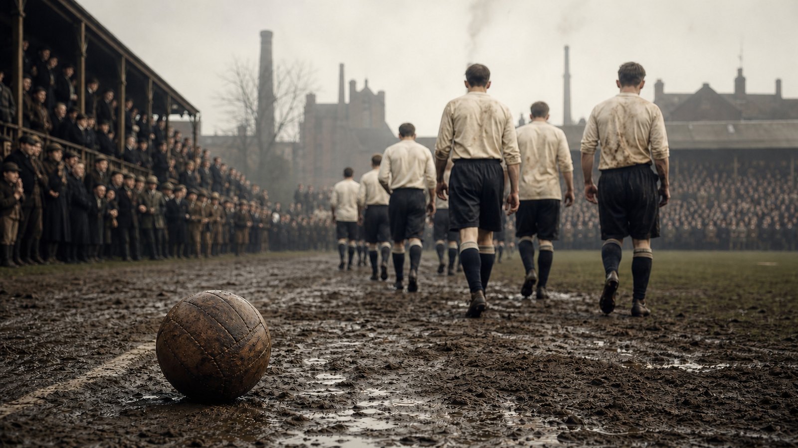 Anonymous Preston footballers entering a muddy northern English ground during the unbeaten 1888–89 season