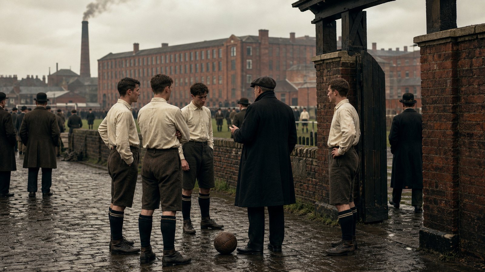Anonymous 1880s football organizers and players in plain period clothing outside an industrial Lancashire football ground