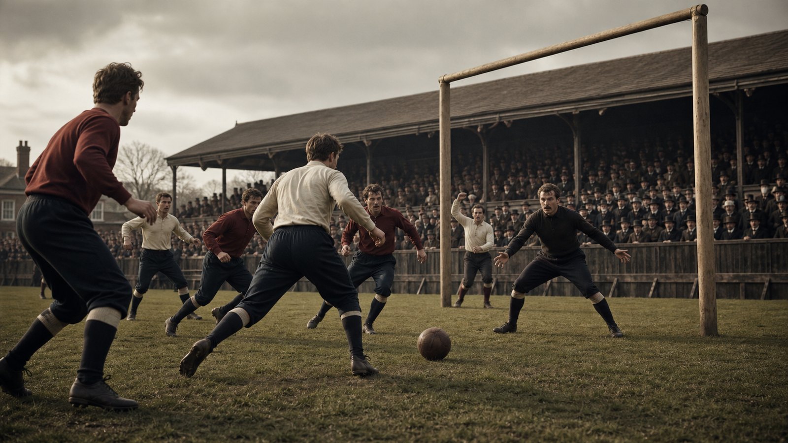 Anonymous footballers in plain white and dark kits contesting the 1889 FA Cup final at the Kennington Oval