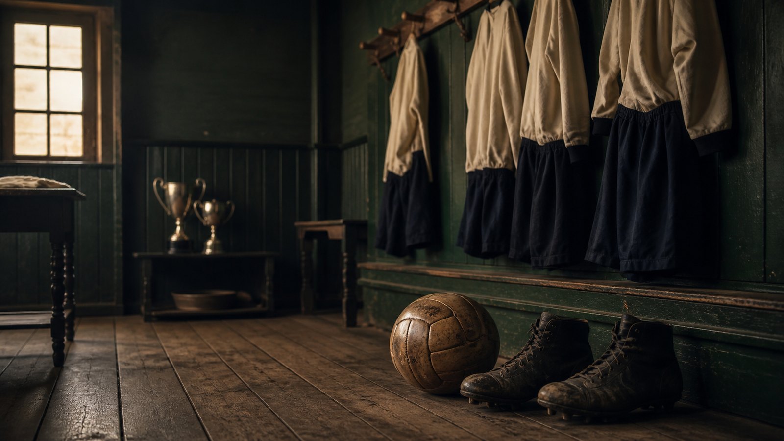 A plain leather football beside two unmarked silver trophy silhouettes in an 1880s football dressing room