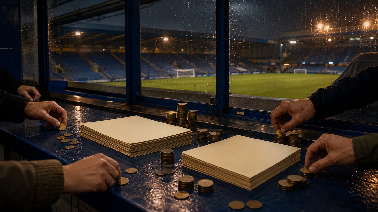 A stack of small Real Oviedo share certificates beside a calculator and deadline ledger