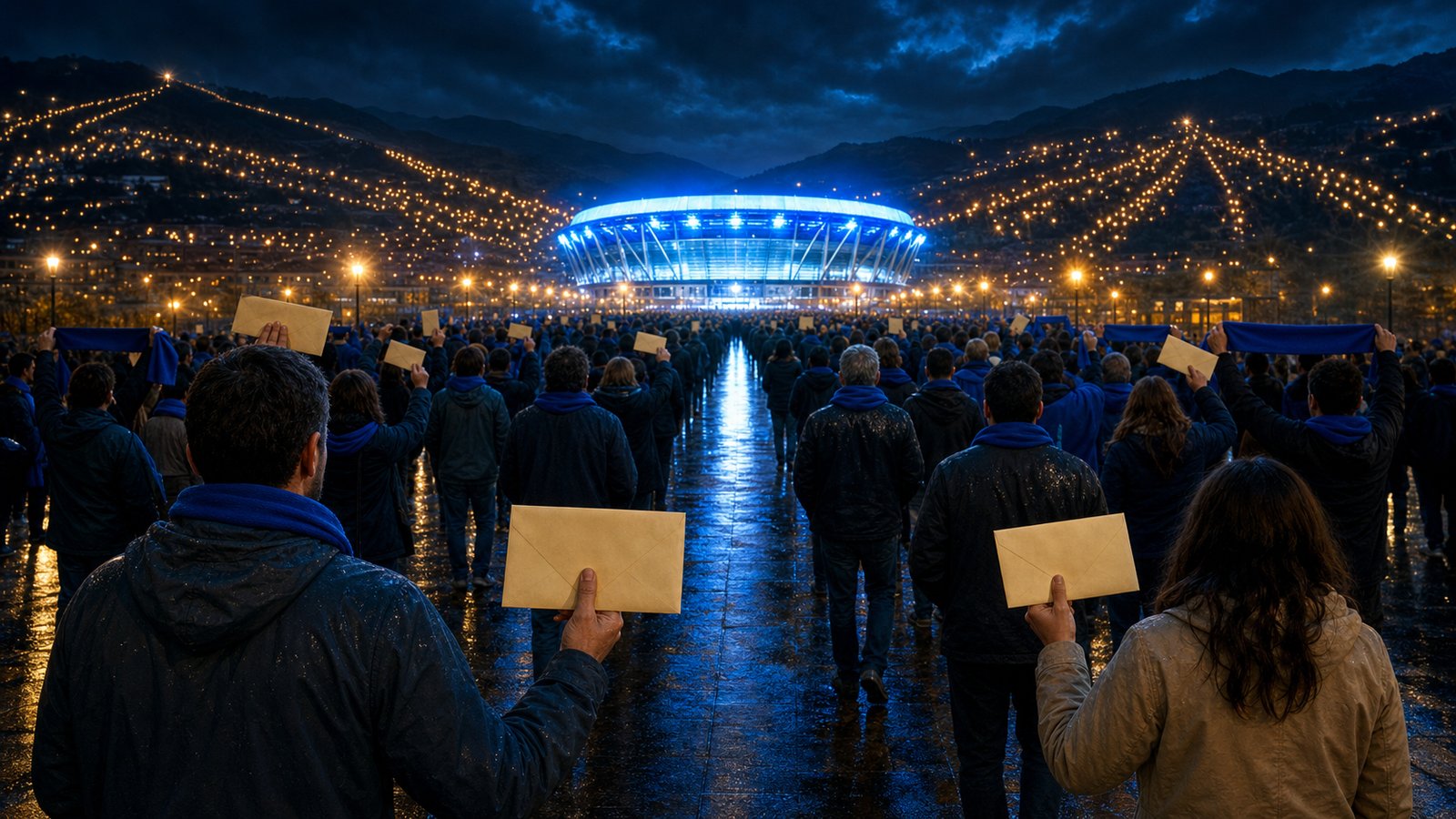 A night view of Carlos Tartiere with blue scarves and points of light spreading across a world map motif