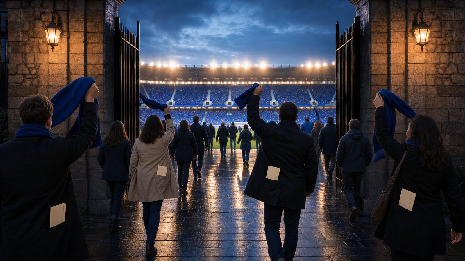 Supporters entering Gate 19 at Carlos Tartiere carrying simple blue scarves after the 2012 rescue