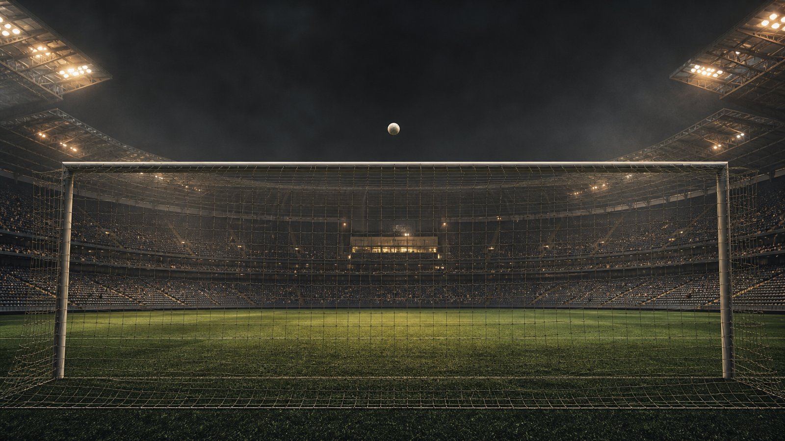 A football descends over an empty goalmouth under hazy old Wembley floodlights