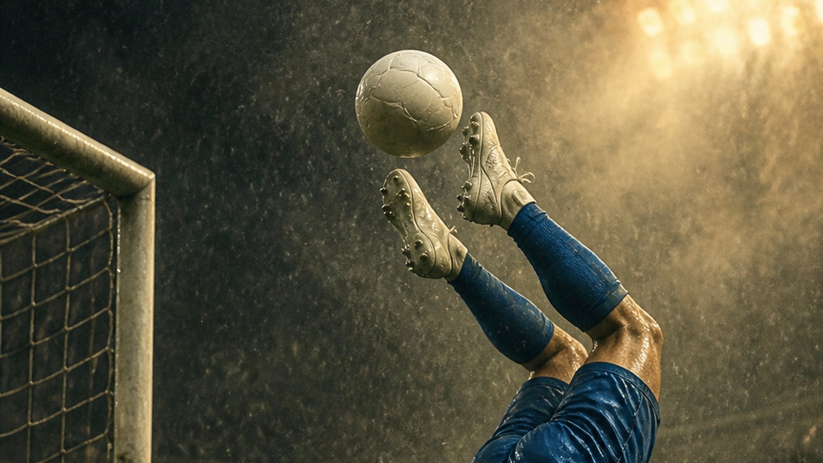 The boots and ball of a scorpion-style goalkeeper clearance under floodlights