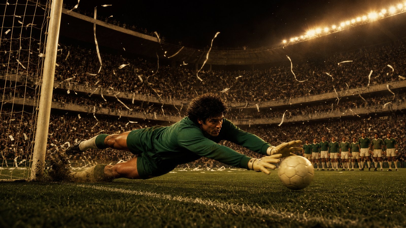 A fictional goalkeeper diving to save a penalty in a streamer-filled stadium