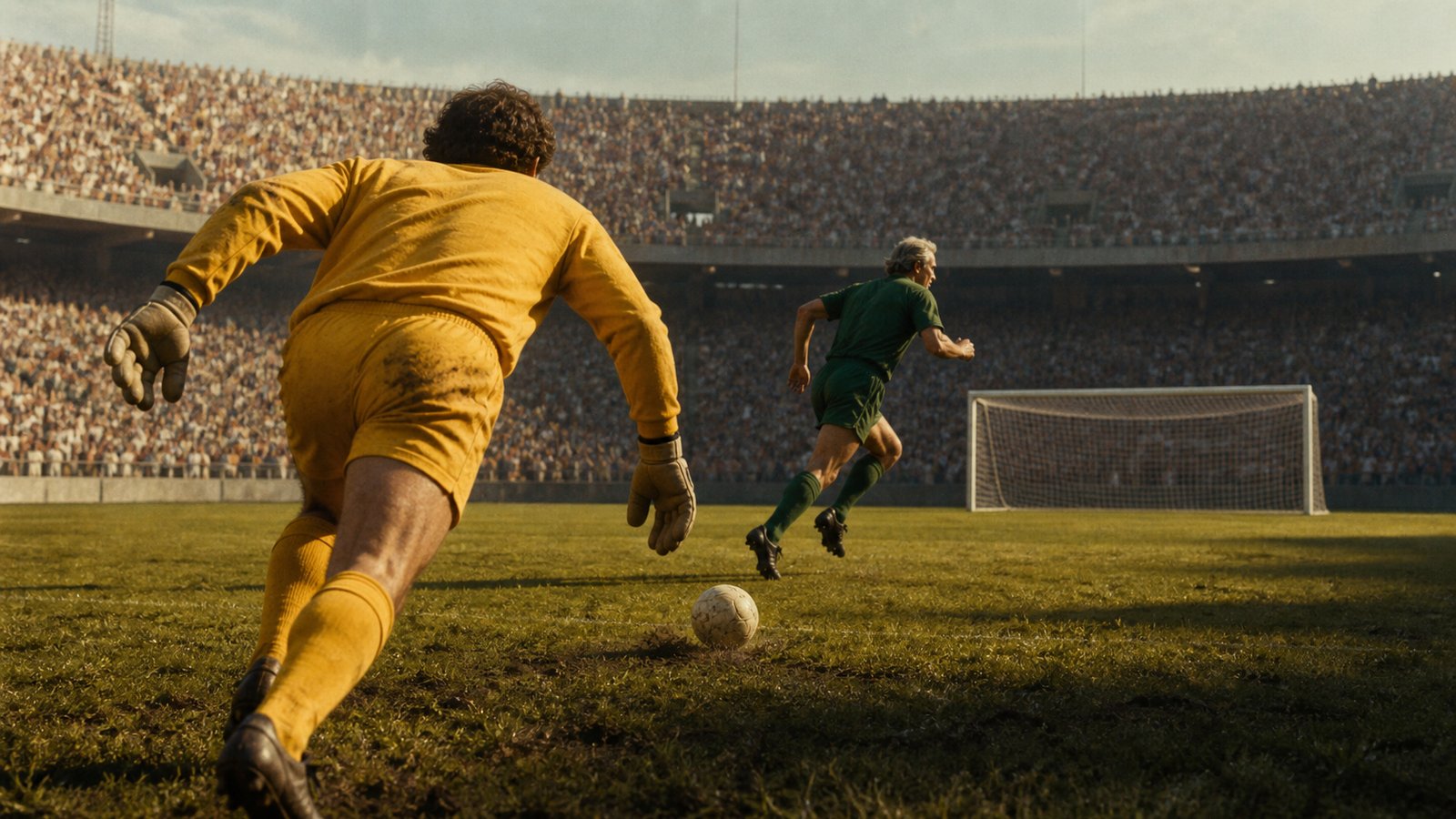 A fictional roaming goalkeeper chasing an attacker toward an open goal