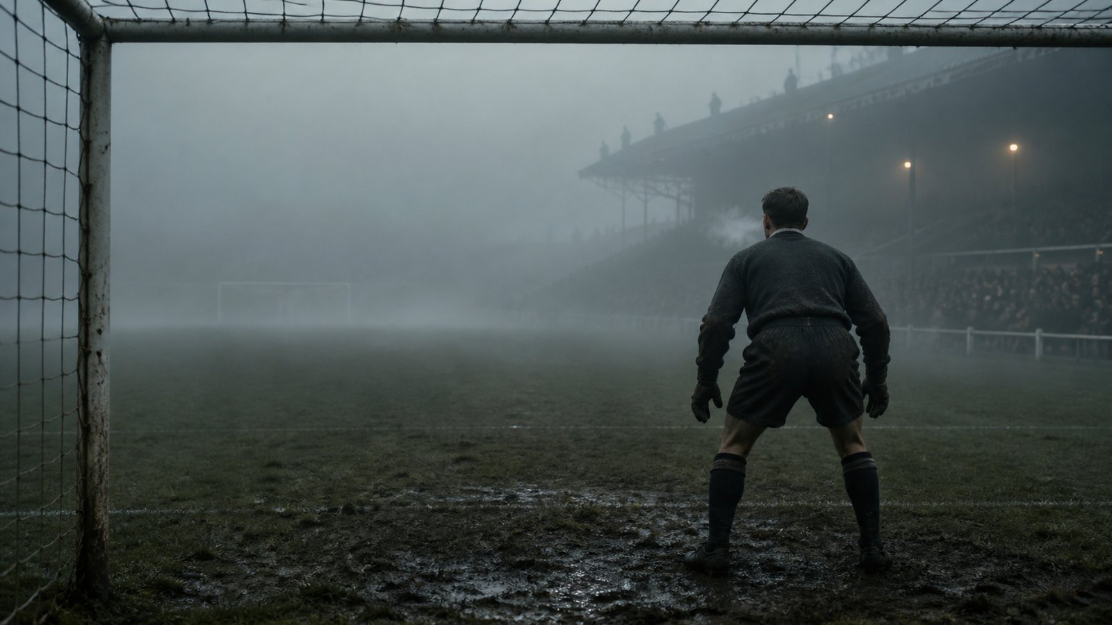 A fictional 1930s goalkeeper waits inside one goal while fog hides an English football pitch