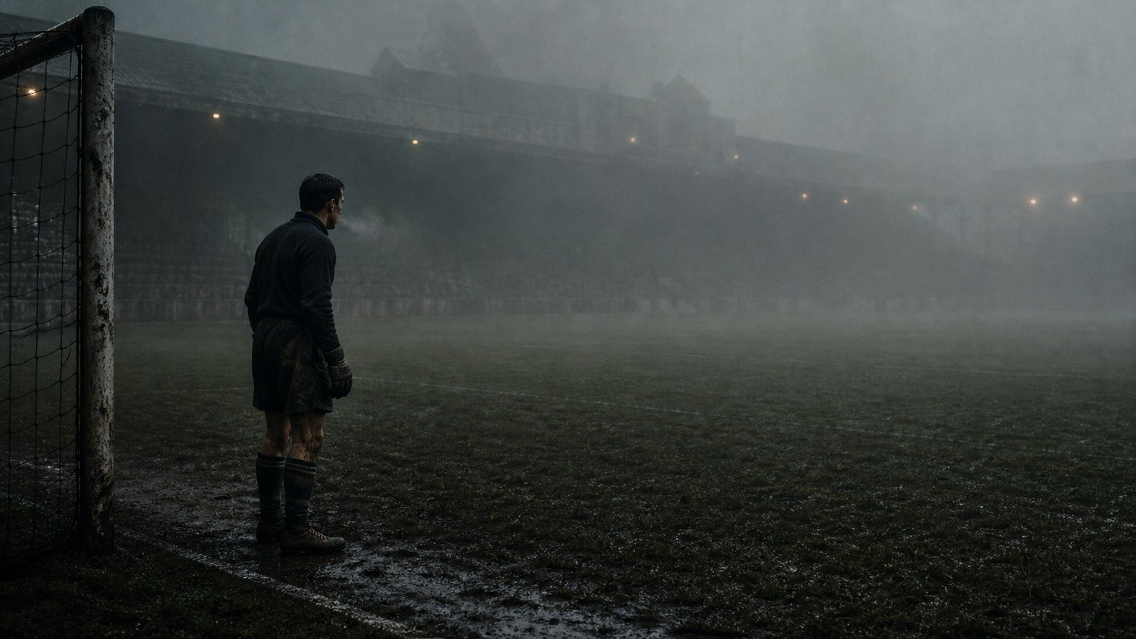 A lone 1930s goalkeeper waiting in dense fog at an empty goal