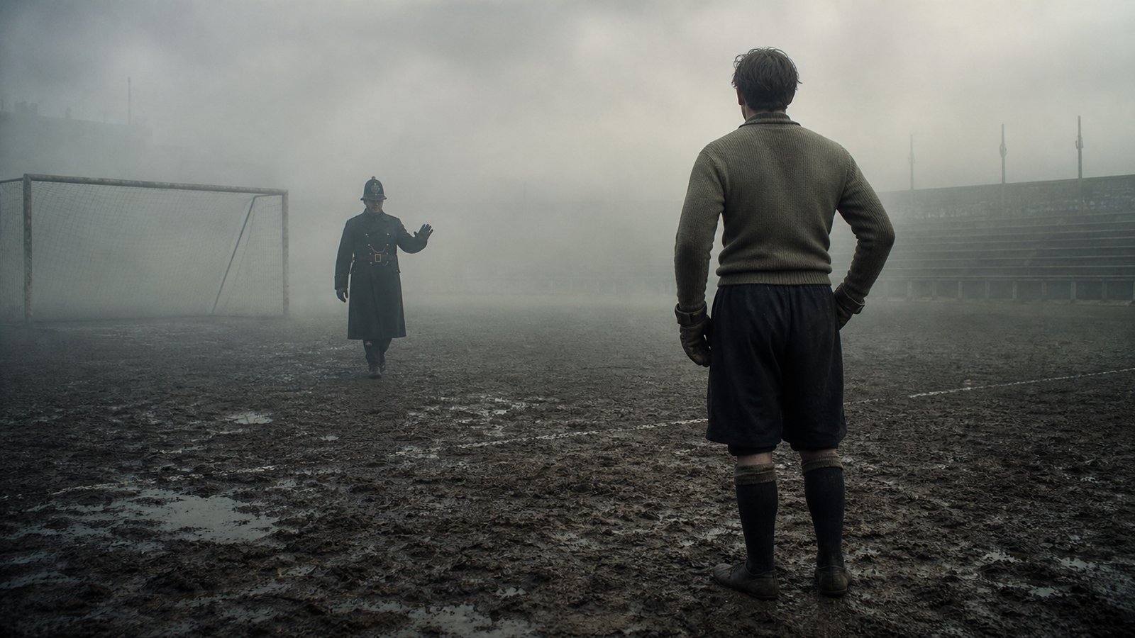 A policeman emerging through stadium fog toward a solitary goalkeeper