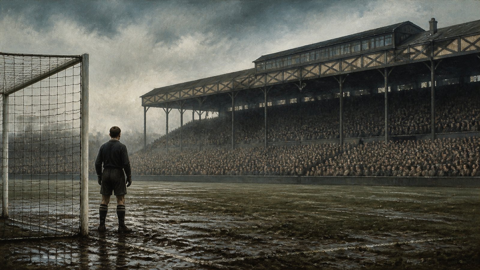 A packed pre-war English football ground viewed from behind a goalkeeper