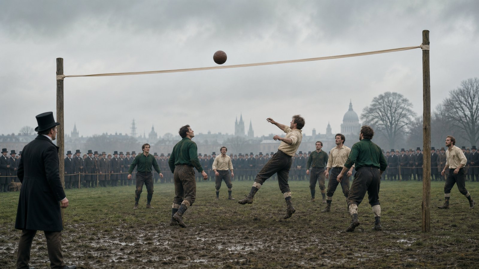 Victorian footballers judge a rising shot beneath a wooden crossbar on a muddy Sheffield ground