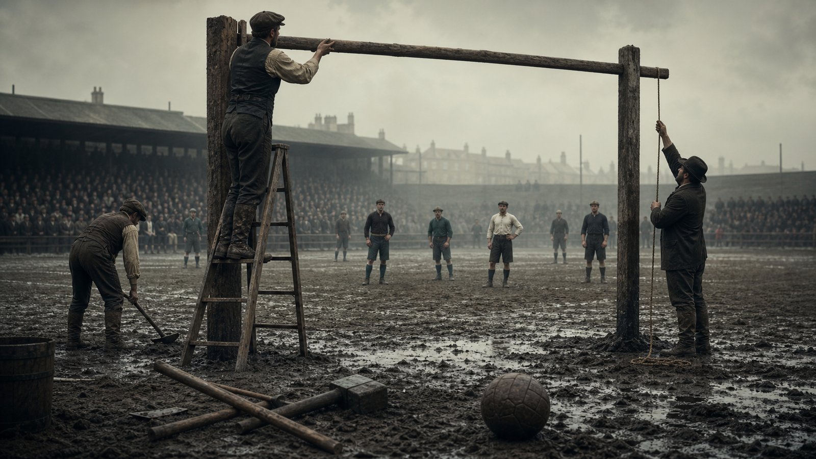 Victorian groundsmen stretch a pale tape between two football goalposts before a match