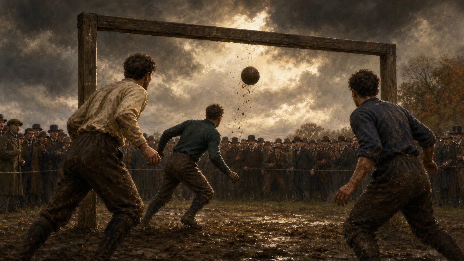 A Victorian football strikes a hard wooden crossbar as players and a packed crowd react