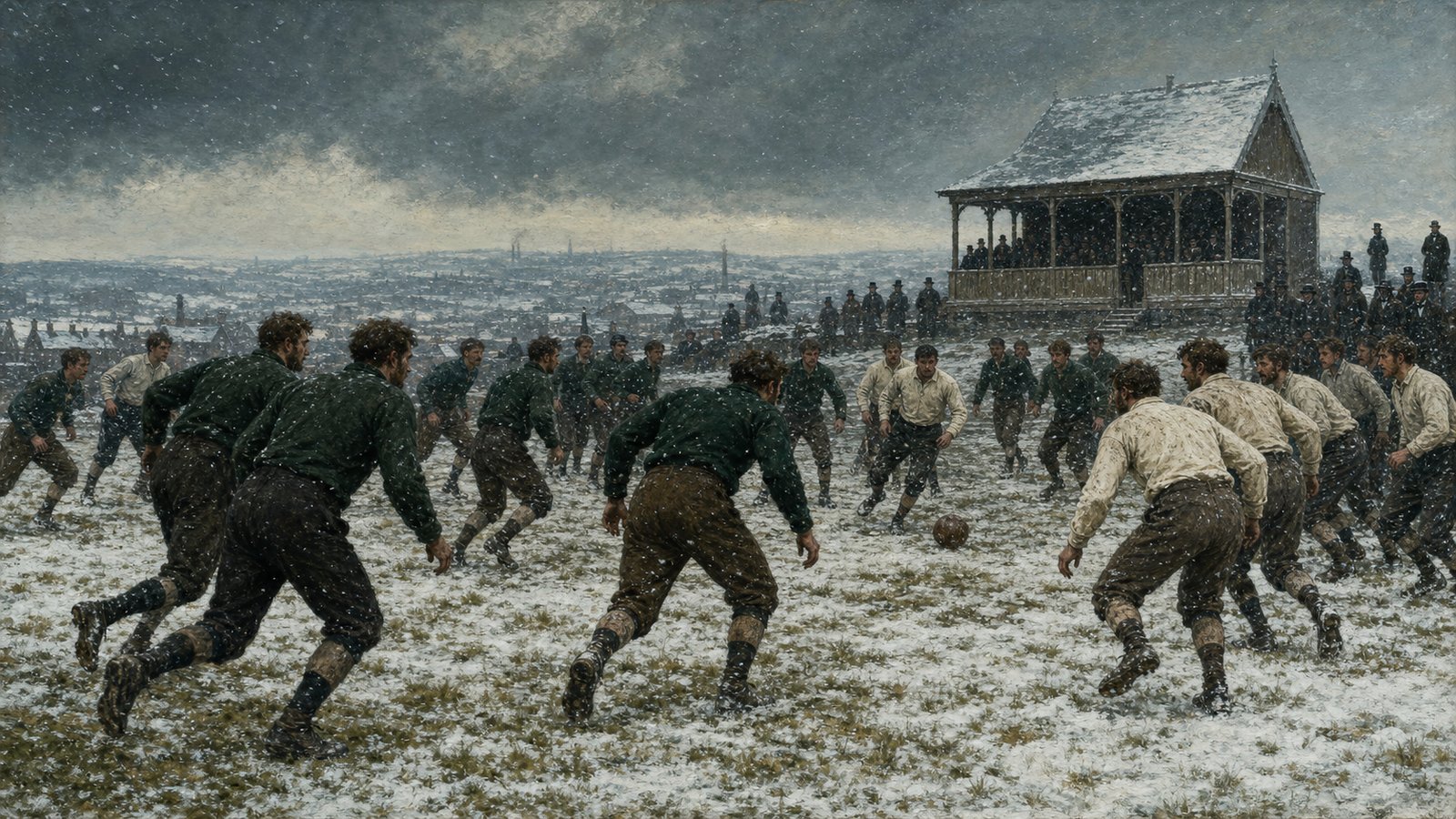 Sheffield and Hallam footballers meet in snow at Sandygate on Boxing Day 1860