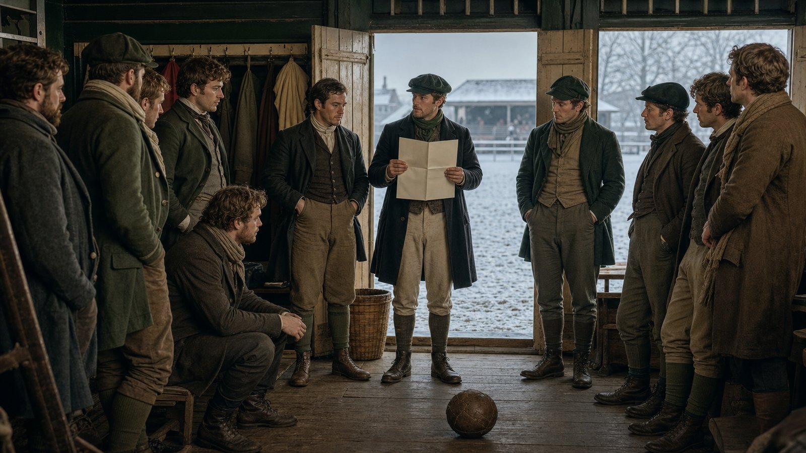 Victorian footballers arranging teams beside a snowy cricket pavilion in Sheffield