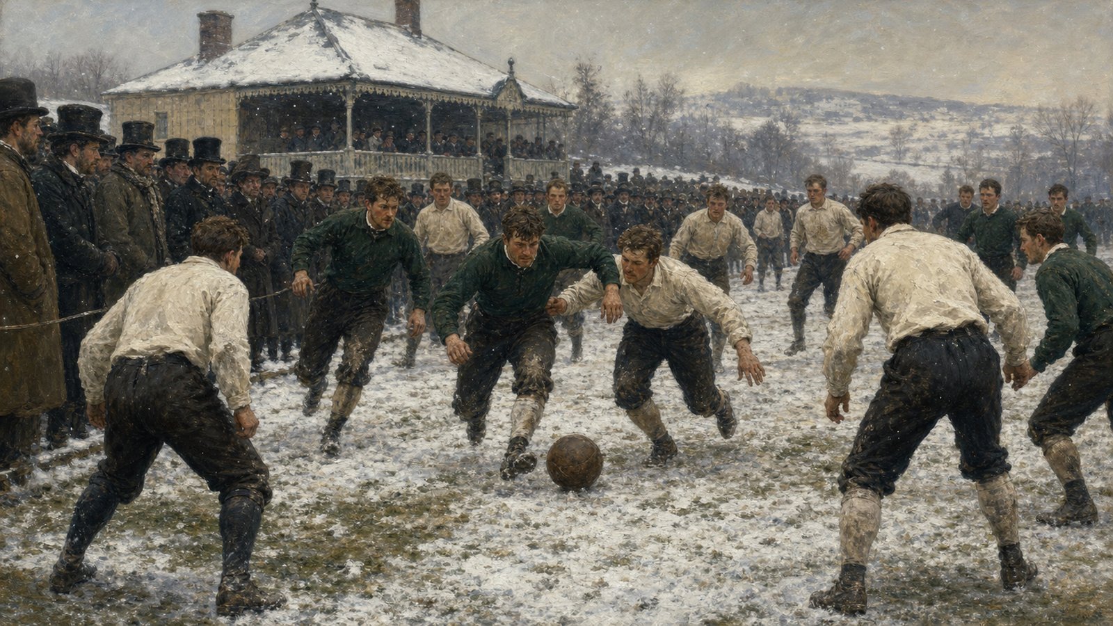 A snowy Victorian football match at Sandygate with spectators beside the touchline