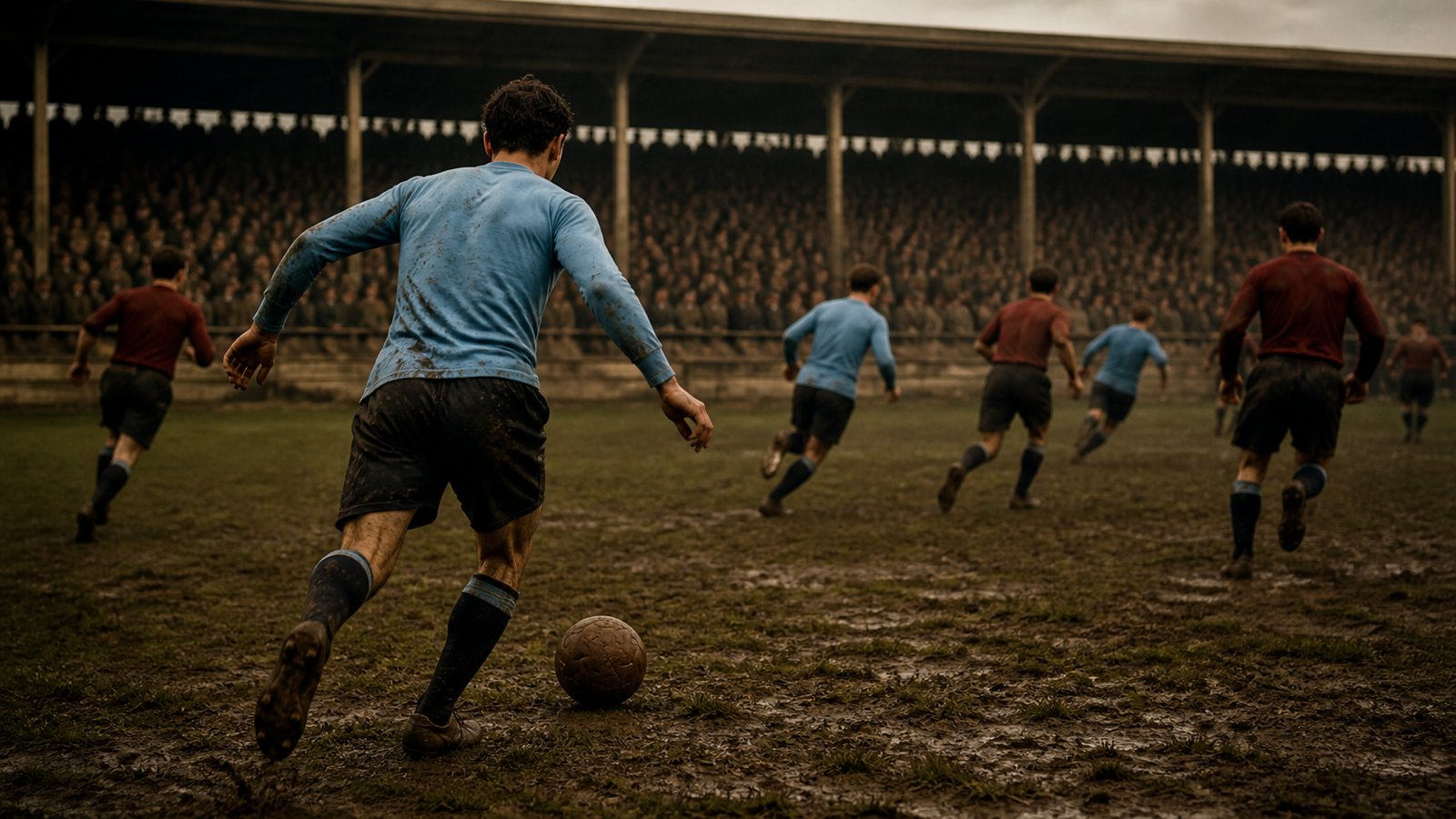 Uruguay players in plain sky-blue shirts attacking Yugoslavia at Colombes in 1924