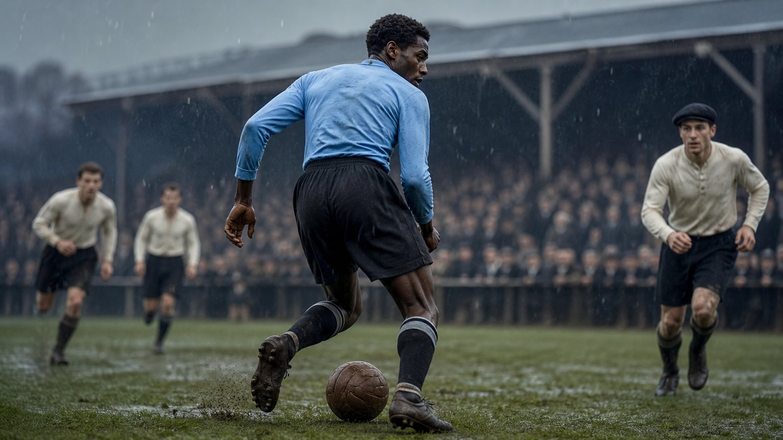 A fictionalized José Leandro Andrade-inspired midfielder carrying the ball in a 1924 Paris stadium