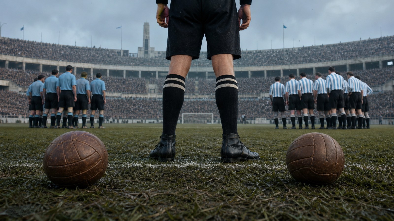 Two plain period footballs before the teams at the 1930 World Cup final