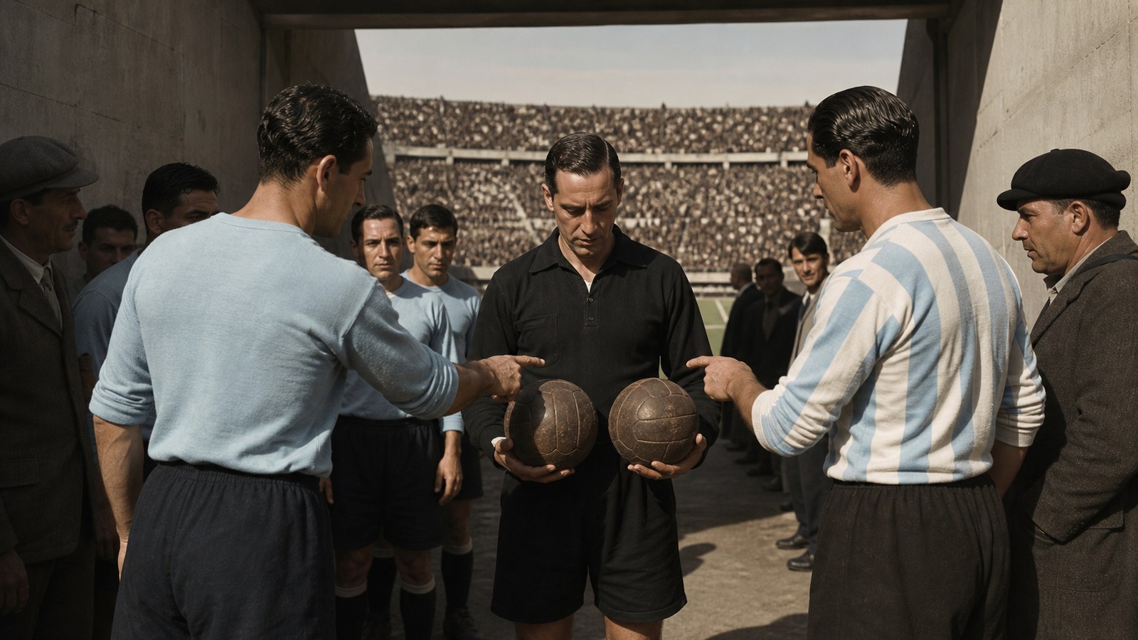 Two plain unlabeled 1930 leather footballs beside a referee at the Estadio Centenario
