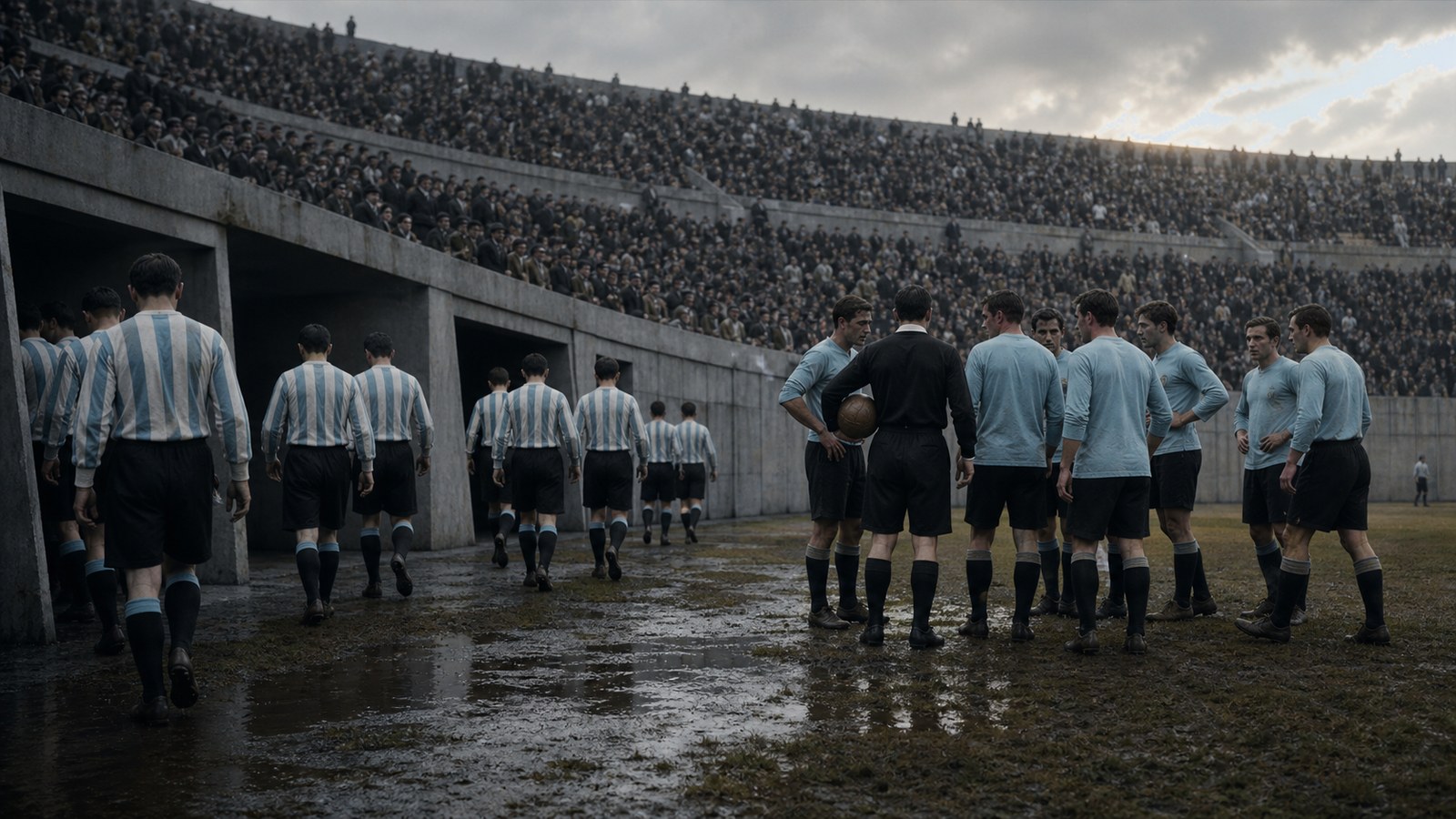 Uruguay and Argentina players leaving the pitch at half-time in the 1930 World Cup final