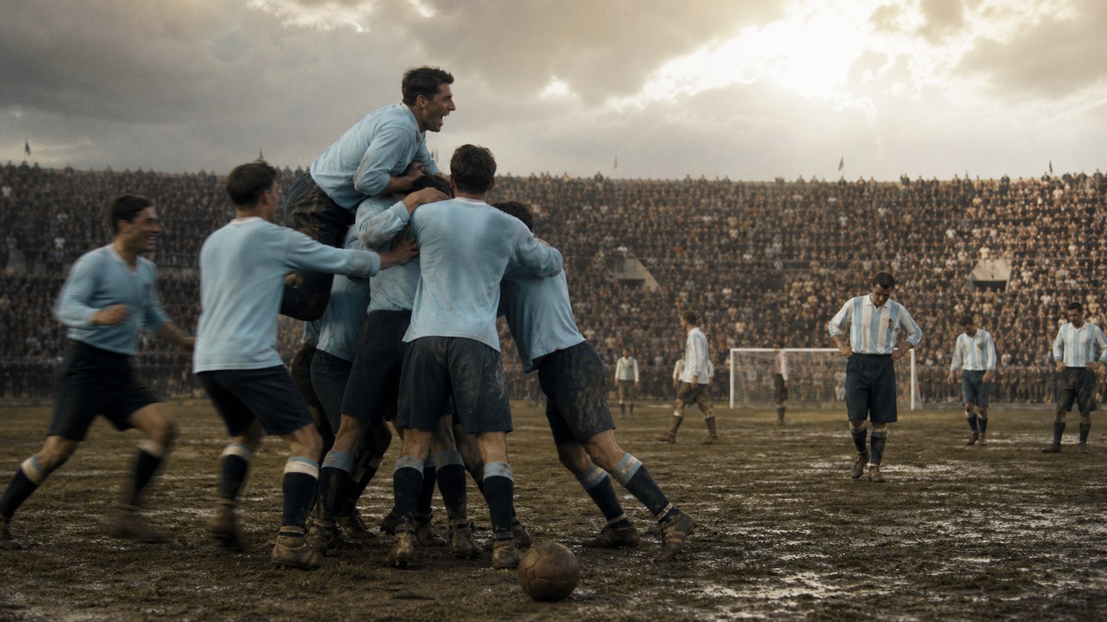 Uruguay players celebrating the late fourth goal in the first World Cup final