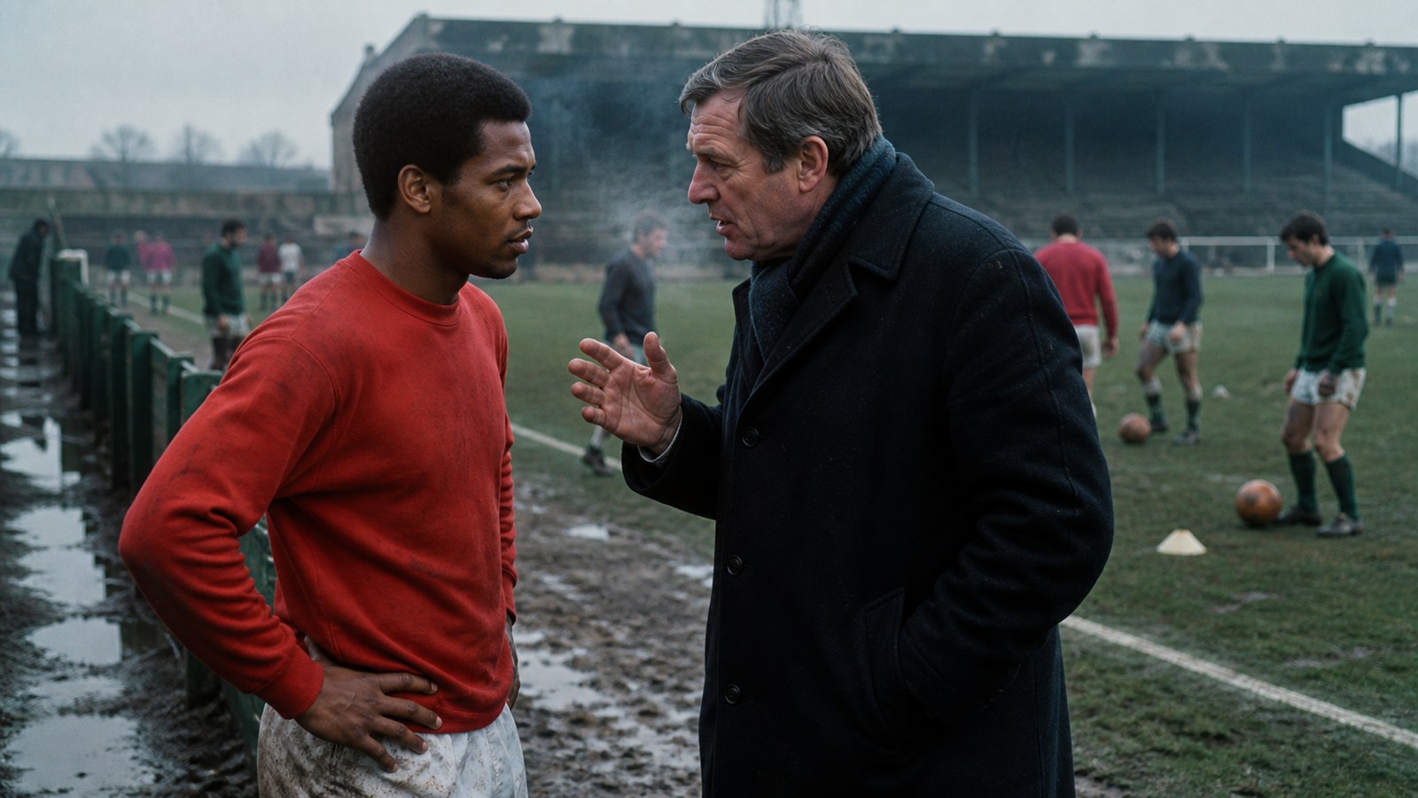 A young right-back preparing in a cold late-1970s stadium tunnel before an international match