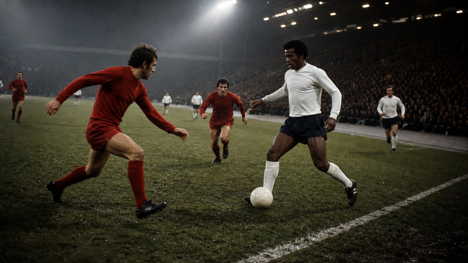 A late-1970s full-back receiving the ball near the Wembley touchline under winter floodlights