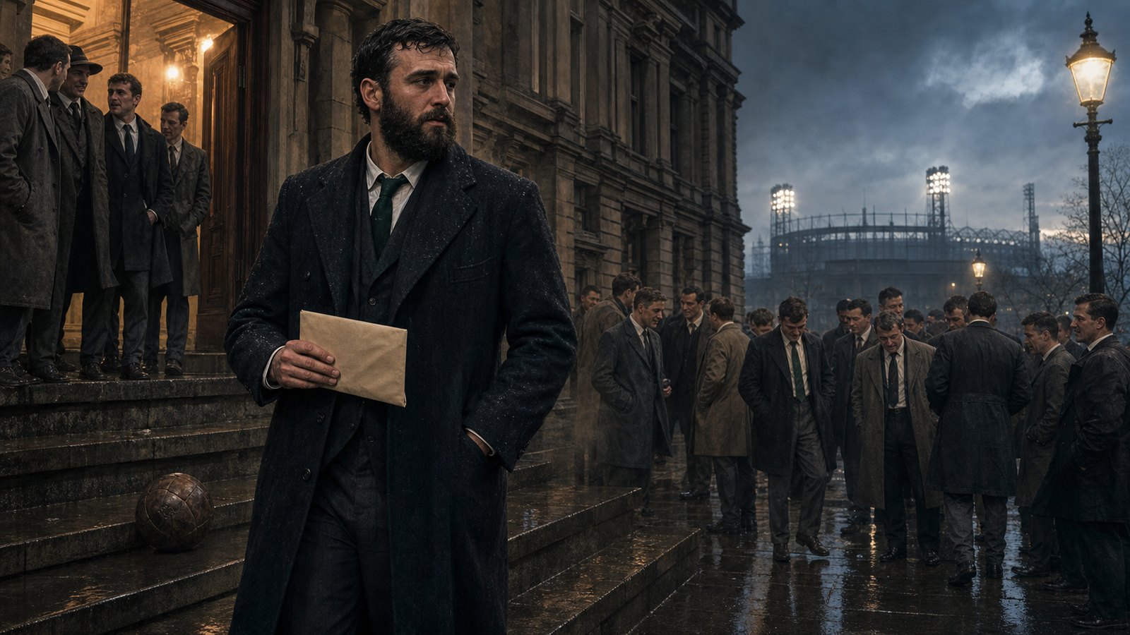 A fictional 1961 footballer-union leader stands outside a London government building with players behind him