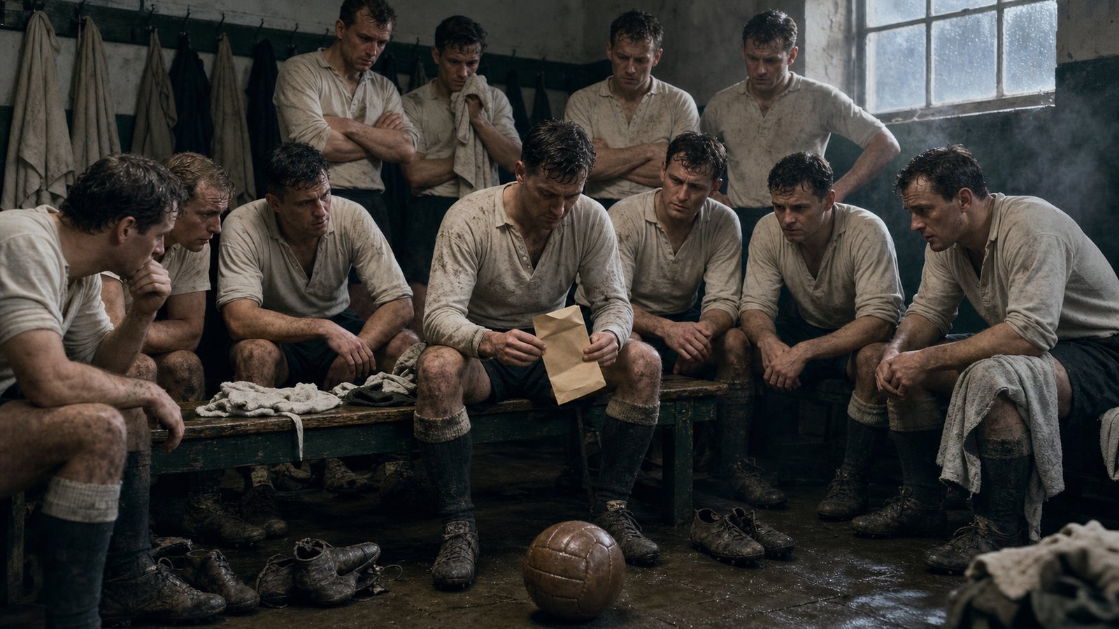 Generic 1961 English footballers inspect a twenty-pound wage envelope in a winter dressing room