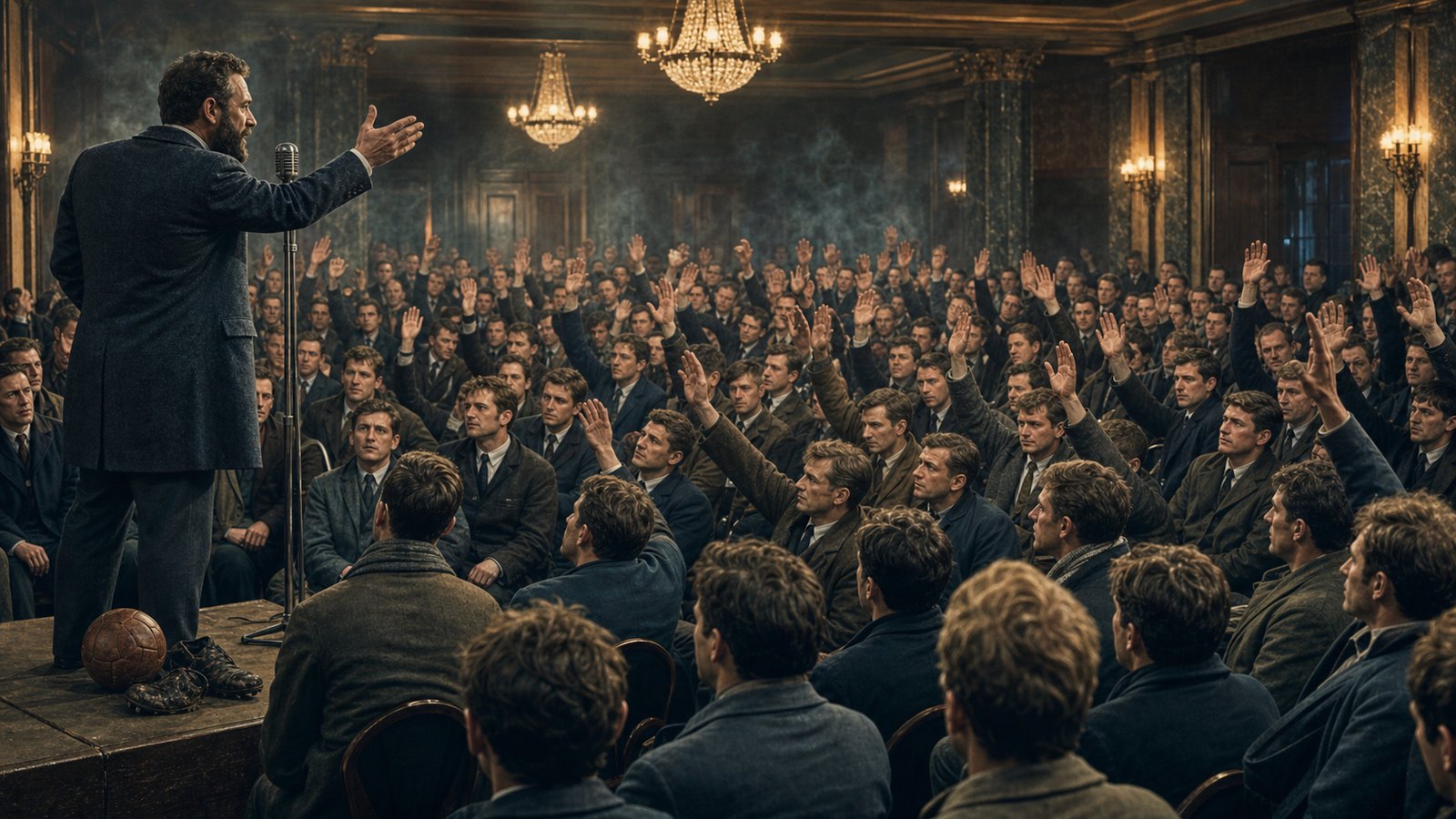 Hundreds of generic footballers gather in a Manchester hotel ballroom before a threatened strike