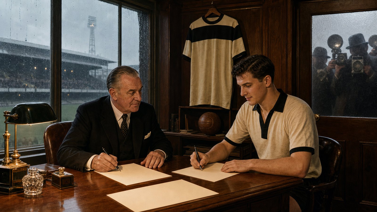 A generic club chairman and inside-forward sign a new contract in a 1961 Craven Cottage office