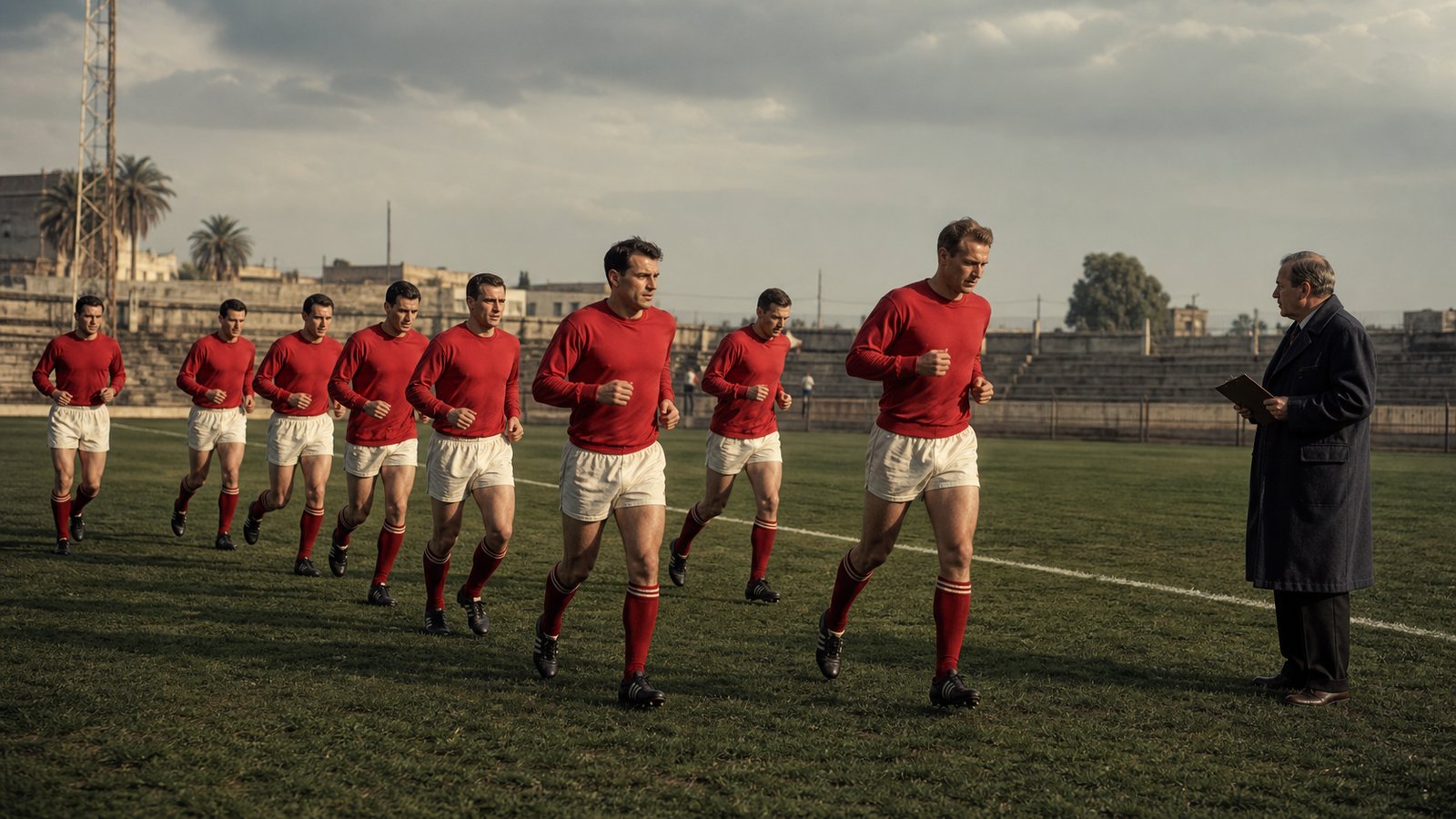 Welsh players run a ball-free training session in Tel Aviv before the 1958 World Cup play-off