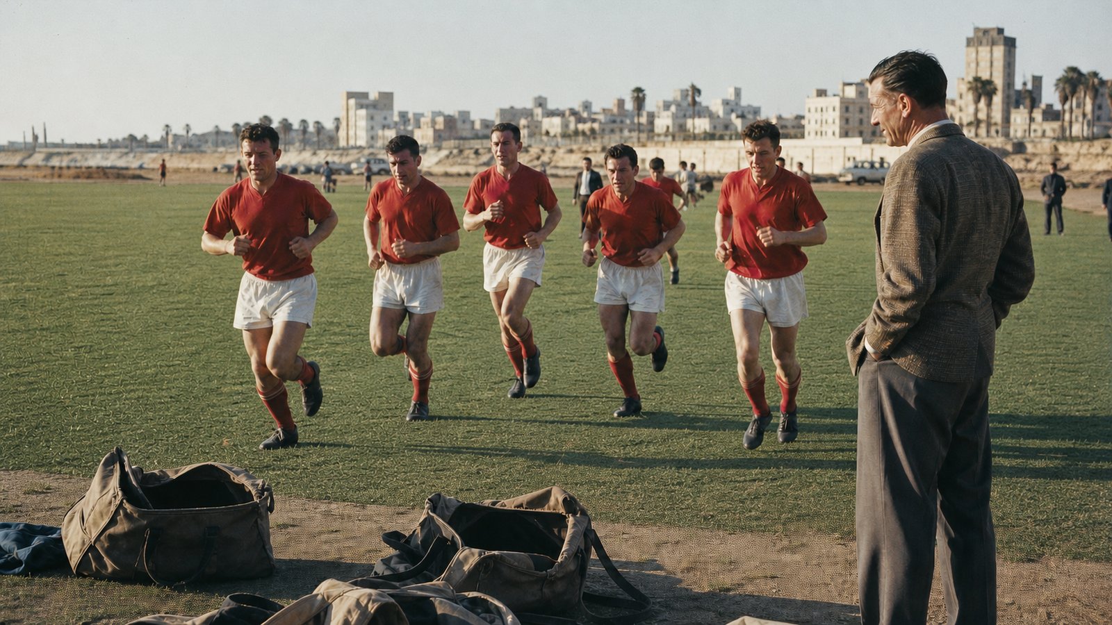 Welsh players run a fitness session without footballs on a dry Tel Aviv training pitch in 1958