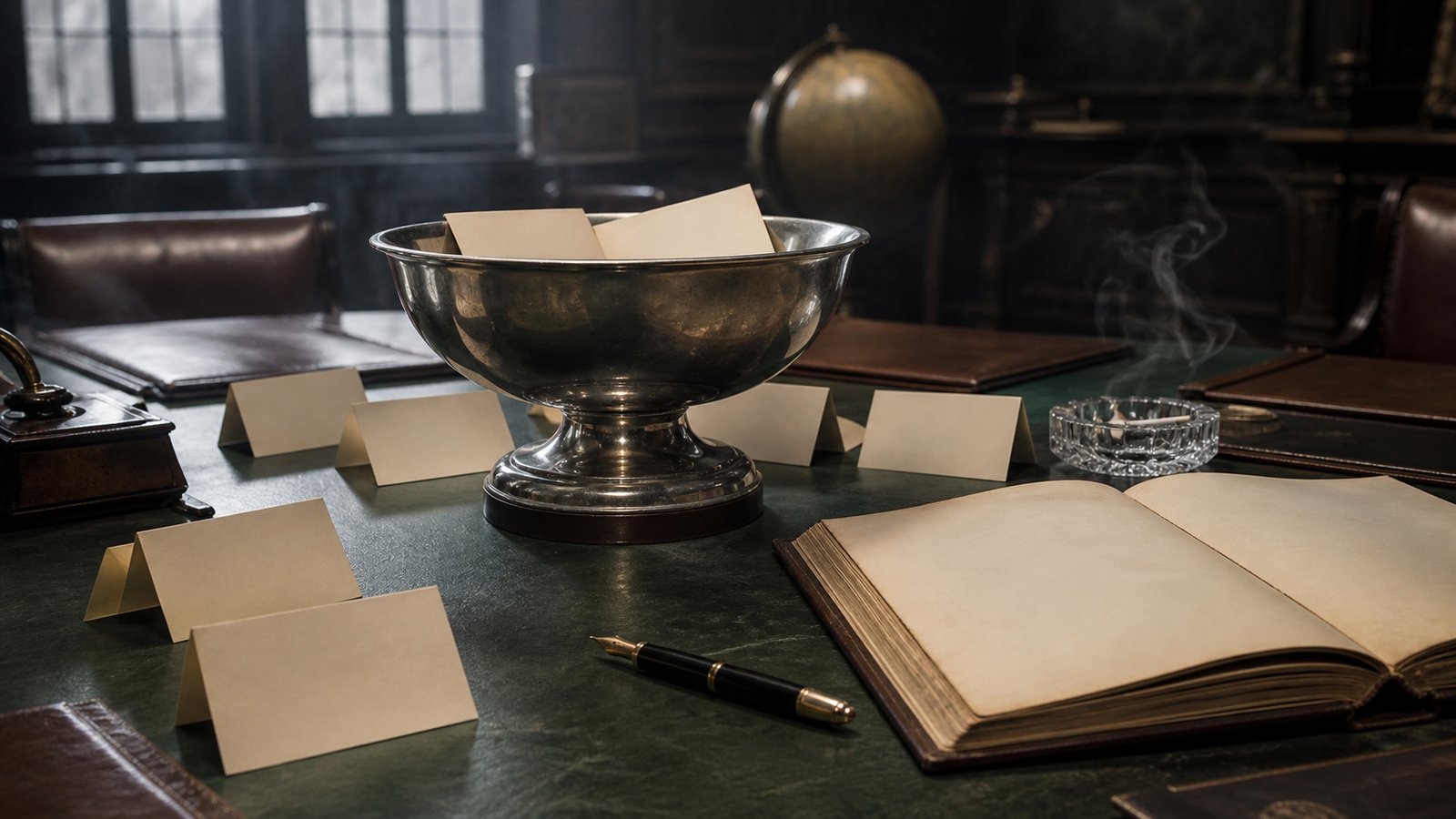 A plain tournament draw bowl and country cards sit on a 1950s football committee table