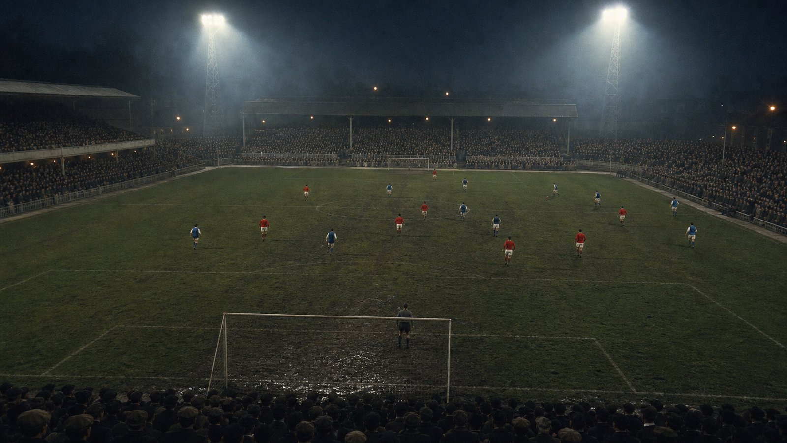 Welsh supporters crowd Ninian Park beneath winter floodlights for the 1958 Israel play-off