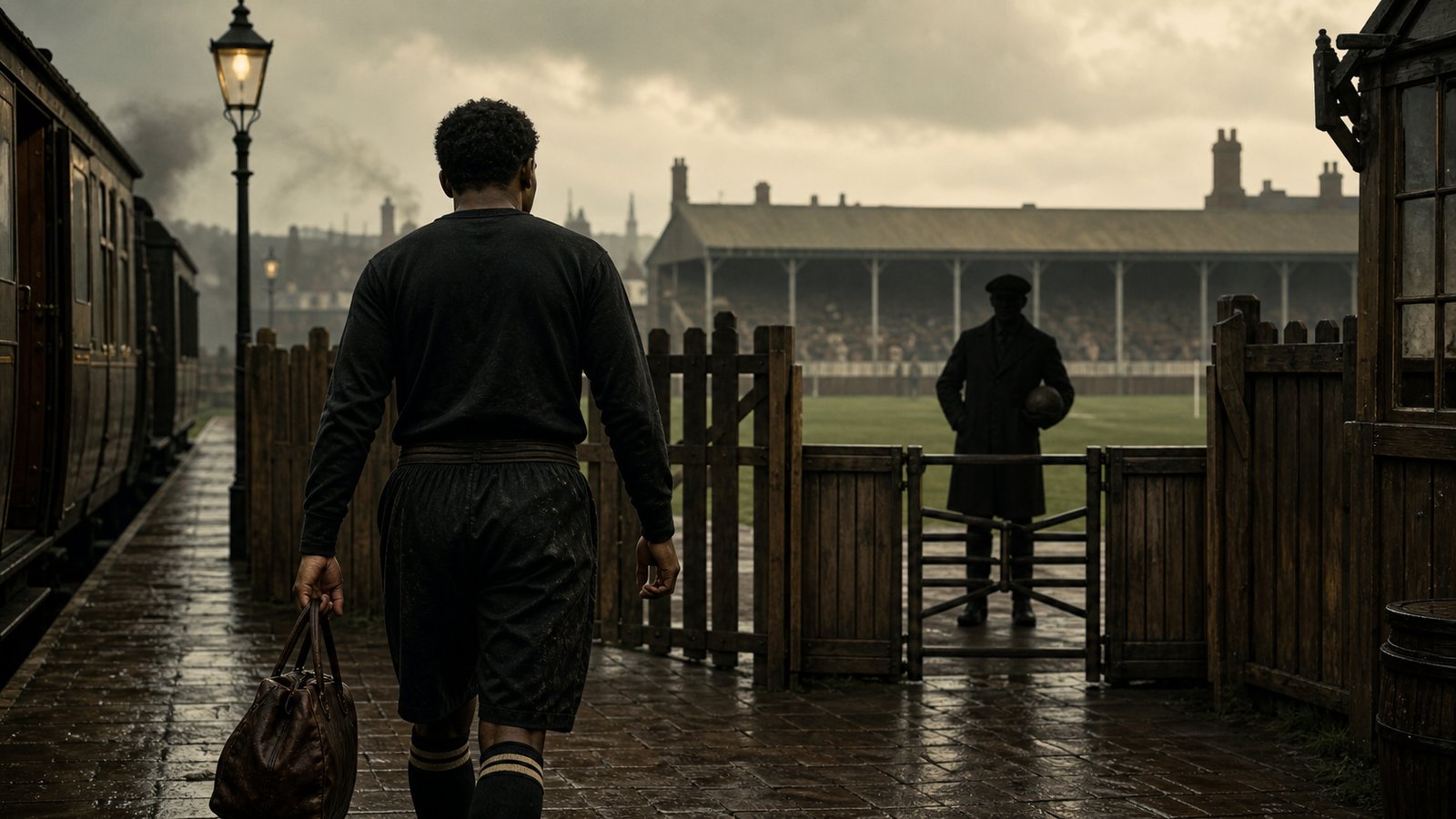 An anonymous early twentieth-century footballer entering a modest English ground for a second professional opening