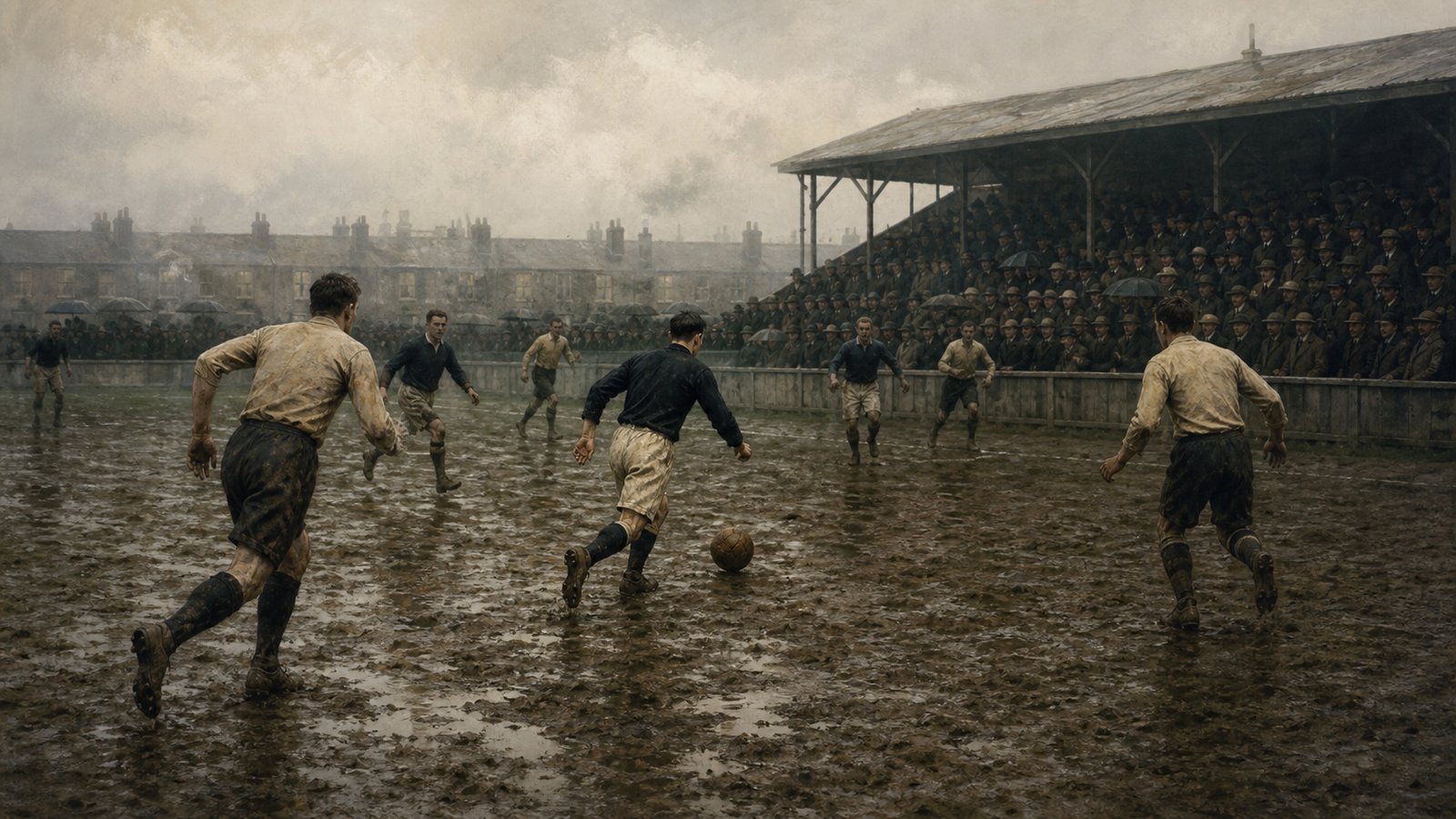 A generic early twentieth-century inside forward training at an amateur football ground in London