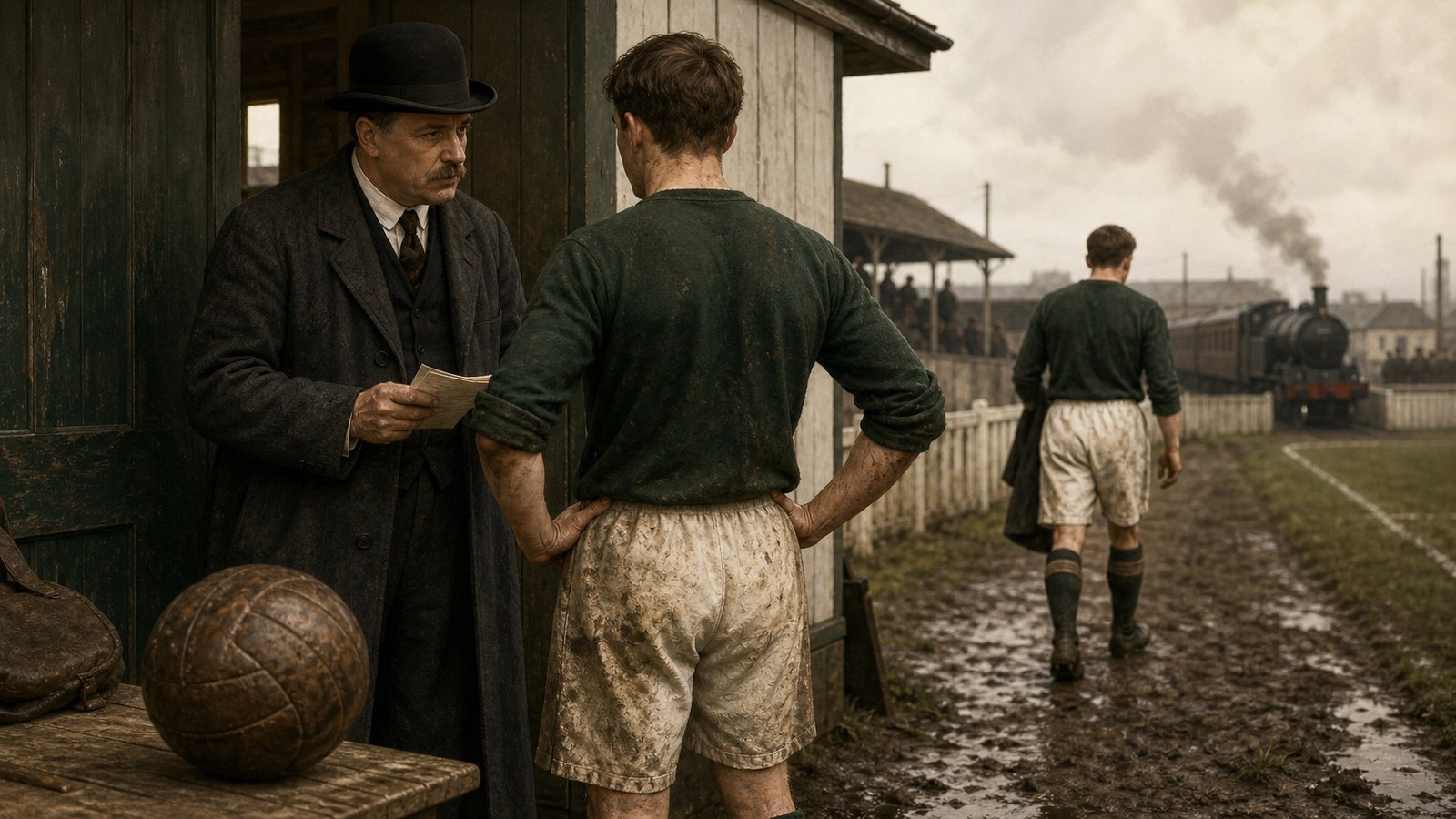 An anonymous football manager and player completing a transfer at a 1911 Southern League ground